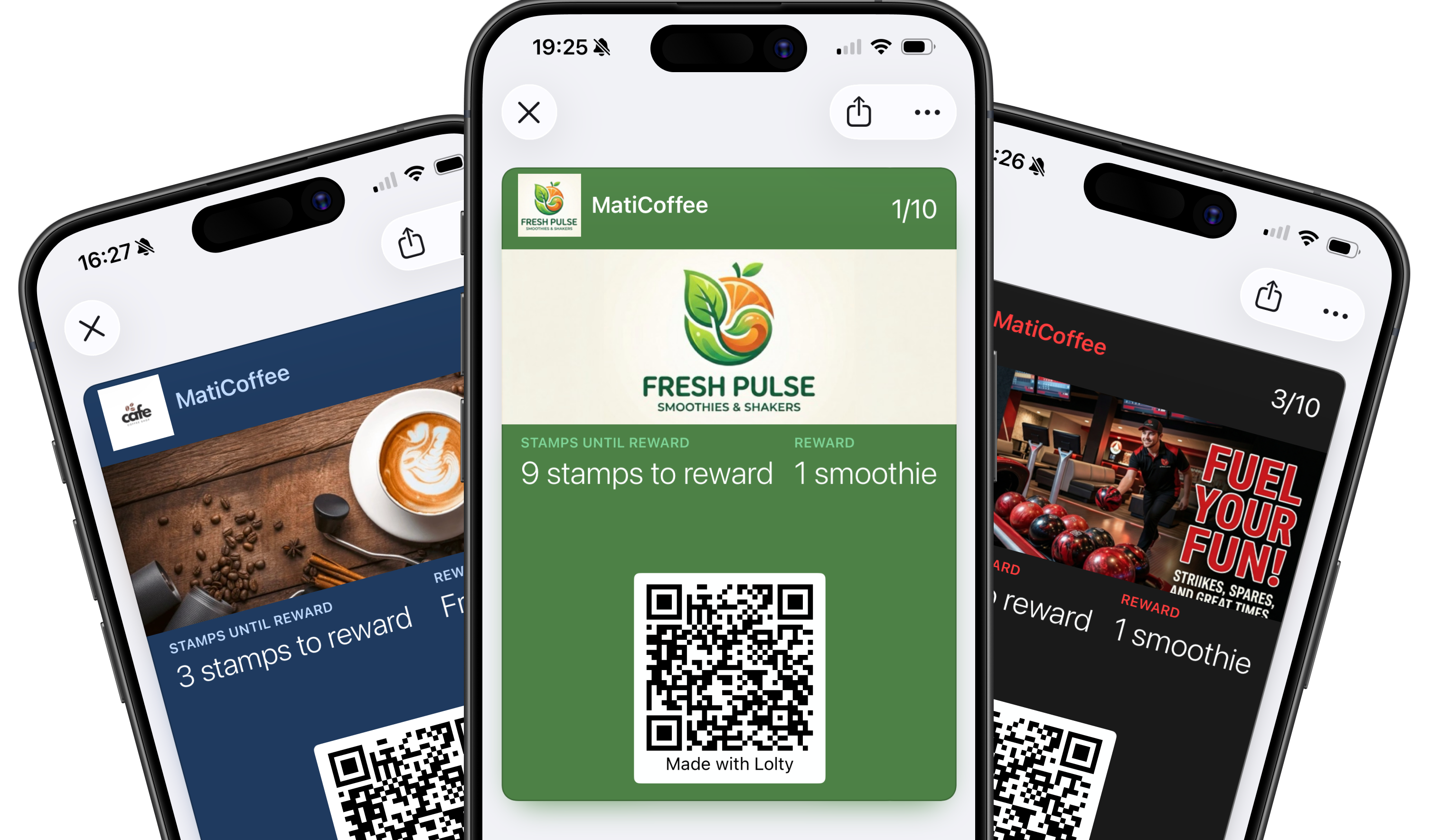 Three branded Lolty loyalty cards showing custom logos and colors